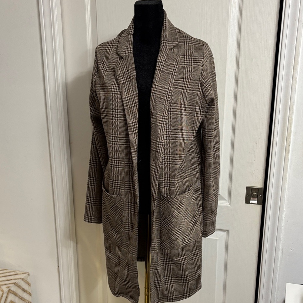 En Creme Brown Plaid Blazer Coat